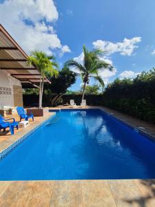 a large blue swimming pool with blue chairs and palm trees at Pool House with Shared Pool Access in David
