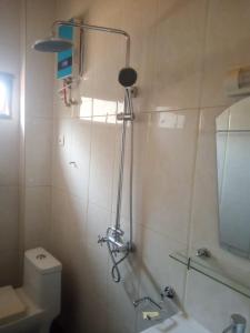 a bathroom with a shower with a toilet and a sink at International Hotel, Yaoundé in Yaoundé