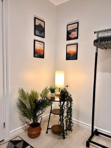 una habitación con una mesa con una lámpara y plantas en The Boho Oasis en Windsor