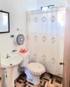 y baño con lavabo, aseo y cortina de ducha. en Cabañas Henua Roa en Hanga Roa