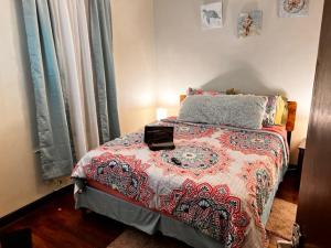 1 dormitorio con 1 cama con ordenador portátil en Clean, spacious, inexpensive queen BR, en Chicago