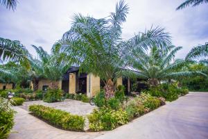 a house with palm trees in front of a driveway at Palm Pran Resort in Pran Buri
