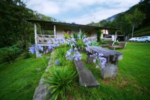 een tuin met paarse bloemen en een stenen bank bij Rancho Pedra do Picú in Itamonte