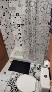 a bathroom with a shower with a toilet and a shower curtain at Chalé Vale das Flores - Visconde de Mauá Rj in Visconde De Maua