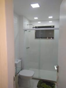 ein weißes Bad mit einem WC und einer Dusche in der Unterkunft Saquarema Itauna em frente a praia in Saquarema