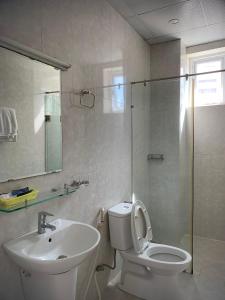 Lotus Apartment Hotel في فنغ تاو: حمام مع مرحاض ومغسلة ودش