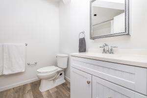ハートフォードにあるExquisite Downtown Loft Apartmentの白いバスルーム(トイレ、鏡付)