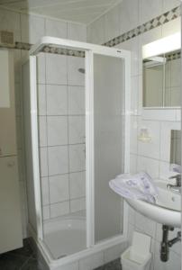 ein weißes Bad mit einer Dusche und einem Waschbecken in der Unterkunft Ferienwohnung Bluntaumühle in Golling an der Salzach