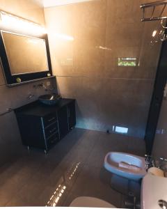 ein Badezimmer mit einem Waschbecken, einem WC und einem Spiegel in der Unterkunft Rotui Exclusive Apartment in San Martín de los Andes
