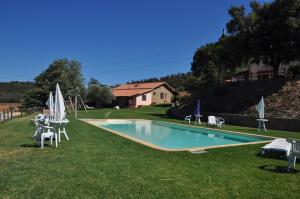 a swimming pool with chairs and umbrellas in the grass at Agriturismo Il Cerrosughero in Scarlino