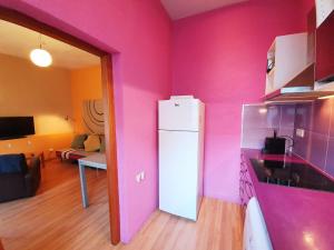 cocina con paredes rosas y nevera en una habitación en Apartamento Llibertat centro en Vilanova i la Geltrú