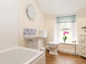 a bathroom with a toilet and a sink and a mirror at Irt Cottage in Seascale