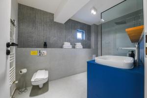 La salle de bains est pourvue d'un lavabo et de toilettes. dans l'établissement Charming 2 Bedroom Apartment, à Cluj-Napoca