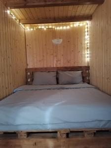 Una cama en una habitación de madera con luces. en Nice House, en Maidan Village
