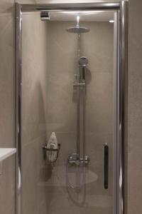 W łazience znajduje się prysznic ze szklanymi drzwiami. w obiekcie QUARTIER LOUISE STUDIOS w Brukseli