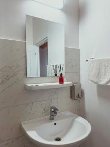 un bagno con un lavandino bianco e uno specchio di Pensiunea Ocna Maramuresului a Ocna Şugatag