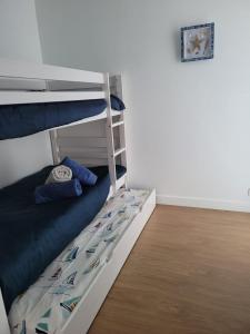 a bunk bed with a ladder in a room at Au Petit Brick - Cosy beachfront house in Maupertus-sur-Mer