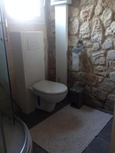 La salle de bains est pourvue de toilettes et d'un mur en pierre. dans l'établissement Gite au coeur de la Provence & SPA, à Saint-Cannat