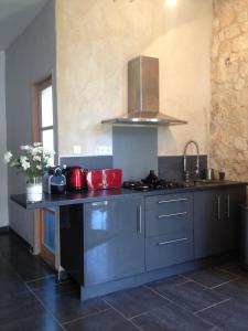 - une cuisine avec une cuisinière et un évier dans la chambre dans l'établissement Gite au coeur de la Provence & SPA, à Saint-Cannat