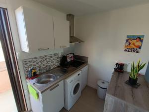 Una pequeña cocina con fregadero y lavadora. en L'appart de Fanch, en Le Barcarès