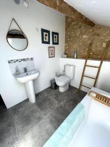 ein Badezimmer mit einem Waschbecken, einem WC und einem Spiegel in der Unterkunft Maison d'Amis Des Hirondelles in Lempzours