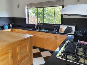 a kitchen with wooden cabinets and a sink and a window at Stunning and Luxurious Villa at Royal Park Balaclava in Balaclava