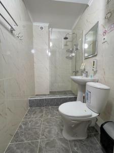 uma casa de banho com um WC, um chuveiro e um lavatório. em Hotel Nova em Bishkek