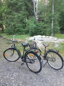 two bikes parked next to each other on a gravel road at Alapihan Arboretumin vierasmaja ja sauna 