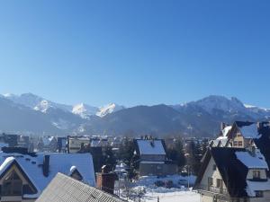 a city with snow covered roofs and mountains in the background at Apartamenty i pokoje gościnne Nowita in Zakopane