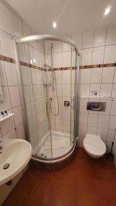 e bagno con doccia, servizi igienici e lavandino. di Schwarzes Lamm a Rothenburg ob der Tauber