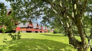 a tree in front of a house with a green yard at Thistle Lodges at Sandyhills Bay in Dalbeattie