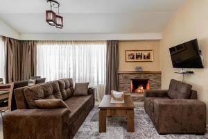 a living room with a couch and a fireplace at Villa (second floor) in CRYSTAL in Bakuriani