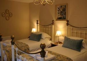 a bedroom with two beds and a chandelier at The Charles Bathurst Inn in Richmond