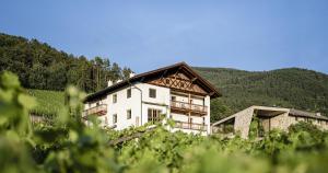 ein großes weißes Haus inmitten eines Berges in der Unterkunft Apartments Gojer Vernatsch in Karneid