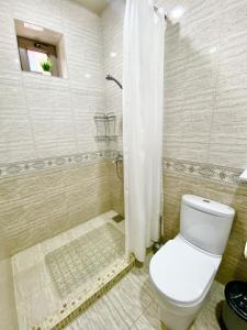 La salle de bains est pourvue d'une douche et de toilettes. dans l'établissement Zahid Inn, à Tachkent