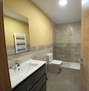 a bathroom with a sink and a toilet and a shower at Casa Rural Flor de jara in Trabazos