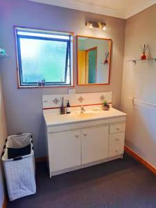 baño con lavabo, espejo y ventana en Tranquil Stream Villa en Rotorua