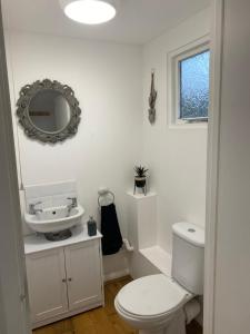 ein weißes Badezimmer mit Toilette und Waschbecken in der Unterkunft Foxy cottage nr Westward Ho! in Northam