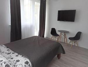a bedroom with a bed and two chairs and a television at Sara Resort II in Wisełka