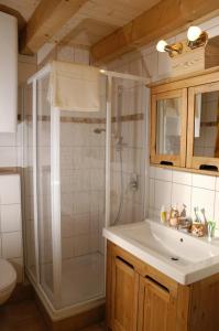 a bathroom with a shower and a sink and a toilet at Ferienhaus Lenzenbauer in Salzburg