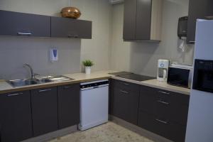 a kitchen with black cabinets and a white dishwasher at WW Hostel & Suites in Coimbra