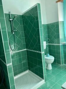 uma casa de banho com azulejos verdes, um chuveiro e um WC. em CASA GIULIA em Olbia
