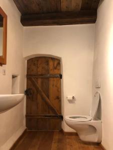 a bathroom with a toilet and a wooden door at Villa Mathilde - Tirolese in Prato allo Stelvio