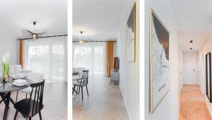 three views of a living room and a dining room with a table at Apartament Olivia - ACCO RENT in Gdańsk