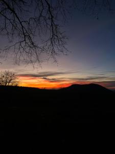 una puesta de sol en una colina con un árbol en primer plano en Agriturismo I Giardini Di Ararat en Bagnaia