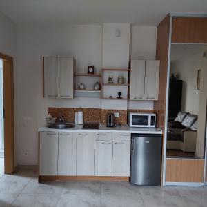 a small kitchen with white cabinets and a microwave at Miško apartamentai 50m2 in Juodkrantė