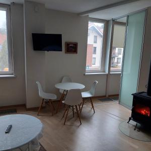 a living room with a table and chairs and a tv at Miško apartamentai 50m2 in Juodkrantė