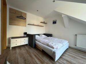 1 dormitorio con 1 cama y vestidor en Rabbit apartman, en Mosonmagyaróvár