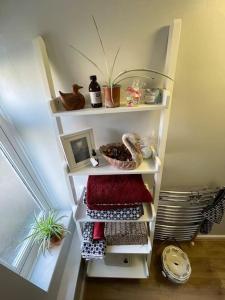 a white shelving unit with a bunch of items on it at Charming Countryside Cottage Ground Floor Apartment in Combeinteignhead Devon in Bishopsteignton