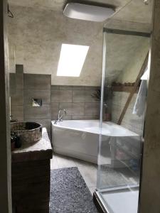 a bathroom with a tub and a glass shower door at Gemütliche Apartments AMT in Plauen